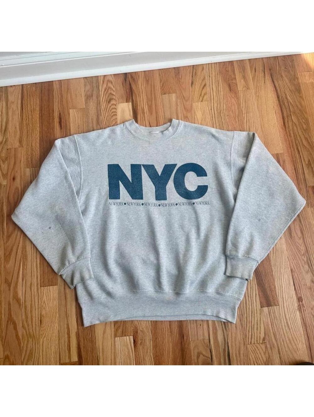 Vintage 90s BVD NYC New York Sweatshirt XL Gray Made USA Distressed Graphic